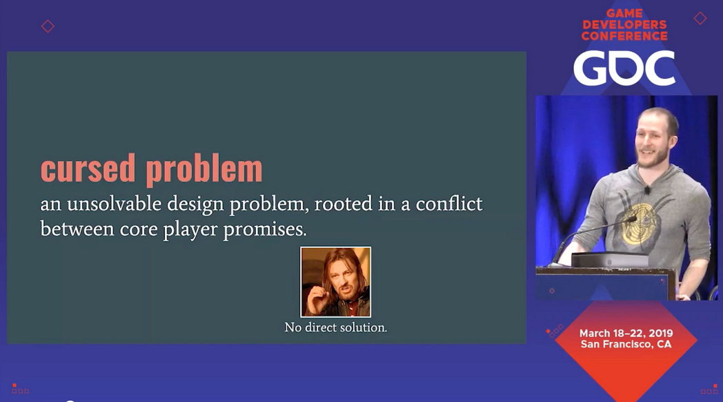 被诅咒的问题是指一个无法解决的设计难题，它根植于对核心玩家的承诺中。没有直接解决方案。